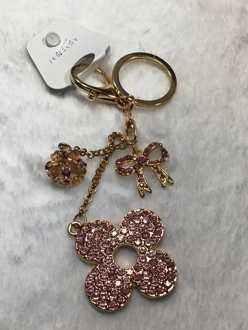 Gold-Tone Pink Crystal Flower Keychain with Bow Charm